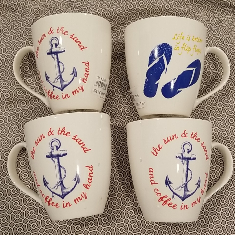 Pfaltzgraff White Mugs with Blue Anchor and Flip-Flop Graphics